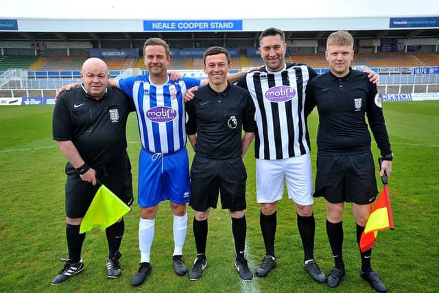 Michael Barron, Graeme Lee and Hartlepool referee Tony Harrington ahead of the Gemma Lee charity match at the Suit Direct Stadium. Picture by FRANK REID
