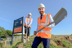 Bellway sales manager Oliver Wray and contracts manager Tony Ellwood mark the start of construction at Hartwell Park, in Hartlepool.