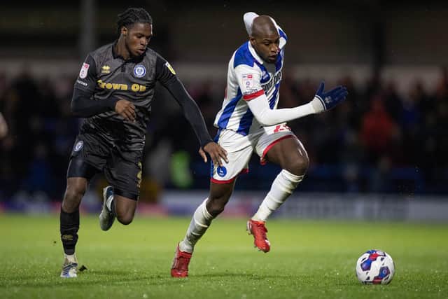 Mohamad Sylla was impressive for Hartlepool United against Rochdale. (Credit: Mike Morese | MI News)