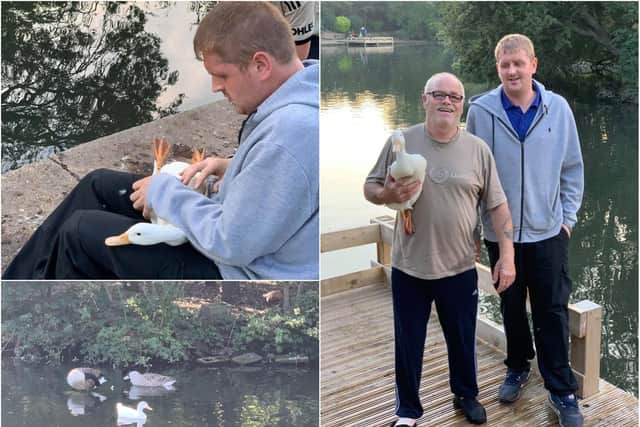 Tony Richardson is with local allotment holder Anthony Baker who cared for the duck. Pictures courtesy of Gavin John who was involved.