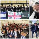 Hartlepool United fans enjoy their Blues Brothers fancy-dress party at Dorking Wanderers.