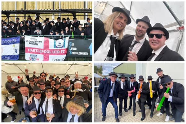 Hartlepool United fans enjoy their Blues Brothers fancy-dress party at Dorking Wanderers.