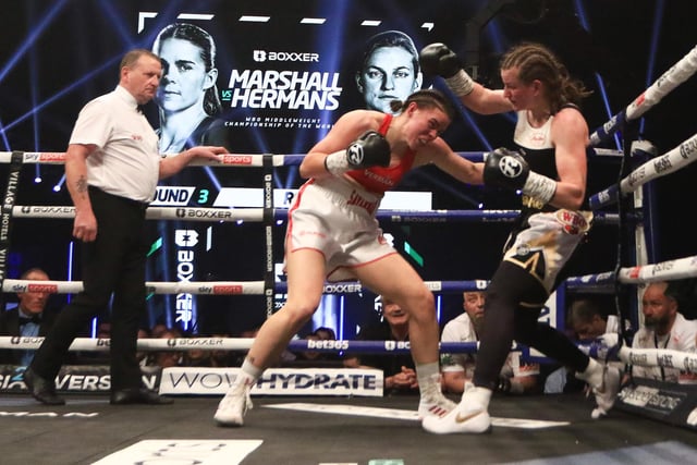 Savannah Marshall unloads on Femke Hermans during her WBO middleweight title defence on Boxxer's Newcastle event. Picture by Martin Swinney