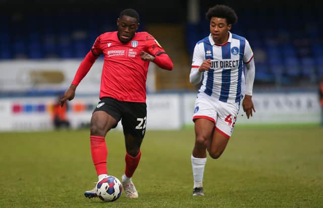 Colchester United's Junior Tchamadeu takes on Colchester United's Jayden Fevrier during the Sky Bet League 2 match between Hartlepool United and Colchester United. (Credit: Michael Driver | MI News)