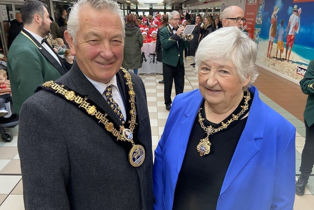 Ceremonial Mayor of Hartlepool Cllr Brian Cowie and Mayoress Cllr Veronica Nicholson waiting for the arrival of Santa at Middleton Grange Shopping Centre. Picture by FRANK REID