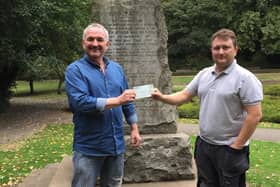 Statue fundraiser Stephen Close (left) with Johnny Bates of Clarity Electrical Services at the Boer War memorial in Ward Jackson Park.