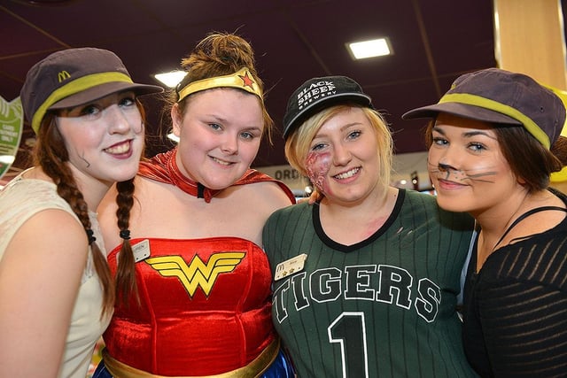 Marina Mcdonalds staff (left to right) Carly Hunt, Lauren Hewitson, Alice Marshall and Emily Ray in fancy dress for charity 8 years ago.