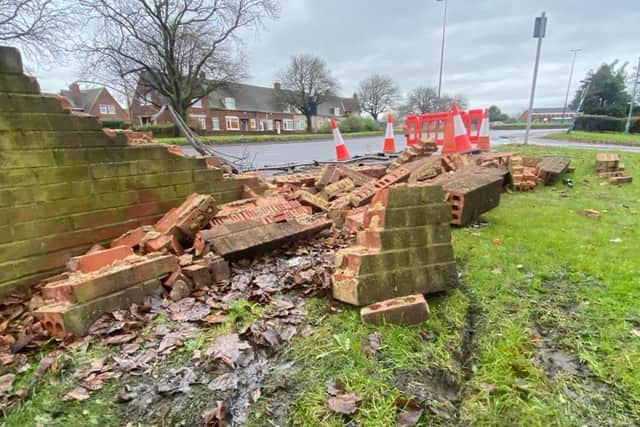 The damaged wall next to the A689, near Wyverne Court, Hartlepool, following Friday night's "serious collision". Picture by Frank Reid.