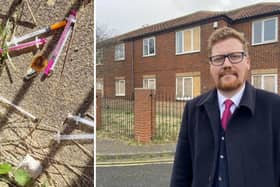 Jonathan Brash outside of the derelict flats in Huckelhoven Way, Hartlepool, and (inset) some of the discarded needles found on the property.