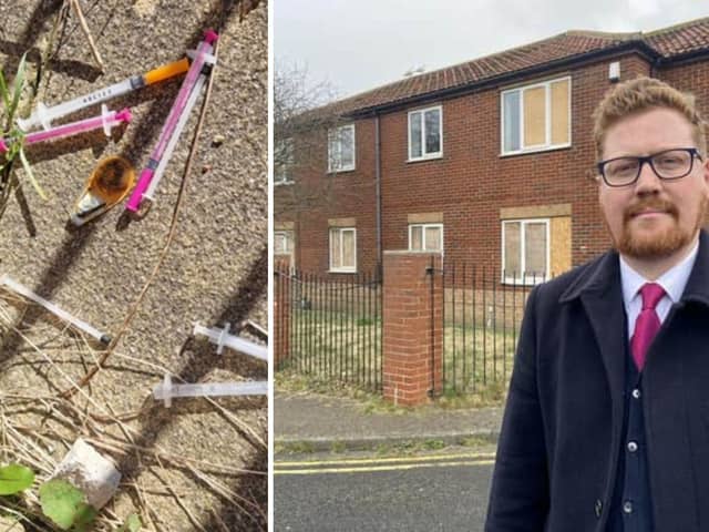 Jonathan Brash outside of the derelict flats in Huckelhoven Way, Hartlepool, and (inset) some of the discarded needles found on the property.