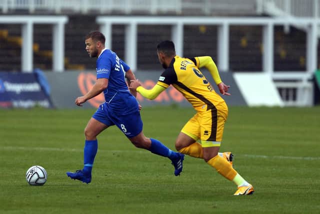 Nicky Featherstone of Hartlepool United and Mo Bettamer of Aldershot Town during the Vanarama National League match between Hartlepool United and Aldershot Town at Victoria Park, Hartlepool on Saturday 3rd October 2020. (Credit: Christopher Booth | MI News)
©MI NewsL