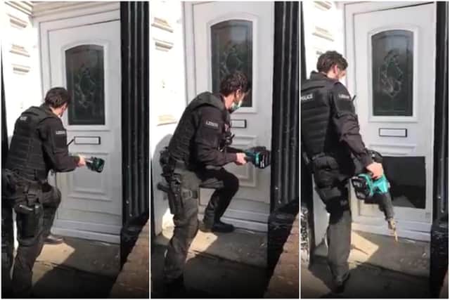 A video shared by Cleveland Police shows one of its officers breaking their way through a door of a house in Grange Road, Hartlepool, using a saw as they then carried out a search for drugs.