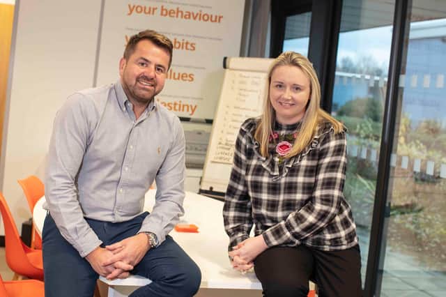 Simon Corbett, CEO of Orangebox Training pictured (pre-social distancing) with UKSE’s Sarah Thorpe at the Innovation Centre, Hartlepool.