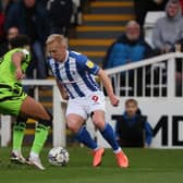 Mark Cullen of Hartlepool United in action with Dominic Bernard of Forest Green during the Sky Bet League 2 match between Hartlepool United and Forest Green Rovers at Victoria Park, Hartlepool on Saturday 20th November 2021. (Credit: Mark Fletcher | MI News)