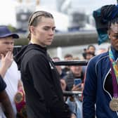 Savannah Marshall (L) and  Claressa Shields pose for a photo during a Boxxer media workout on a boat on the River Thames. (Photo by Eddie Keogh/Getty Images)