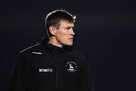 Antony Sweeney, Interim Manager of Hartlepool United looks on prior to the Emirates FA Cup First Round Replay match between Wycombe Wanderers and Hartlepool United at Adams Park on November 16, 2021 in High Wycombe, England. (Photo by Alex Burstow/Getty Images)