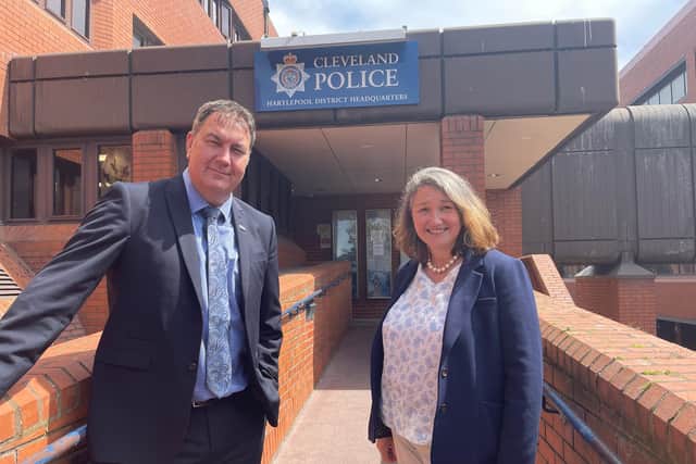 From left, Cleveland Police and Crime Commissioner Steve Turner and Hartlepool MP Jill Mortimer at Hartlepool Police Station.