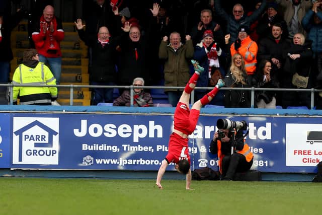 Leyton Orient's Paul Smyth celebrates after scoring the opening goal of the game against Hartlepool United. (Photo: Mark Fletcher | MI News)