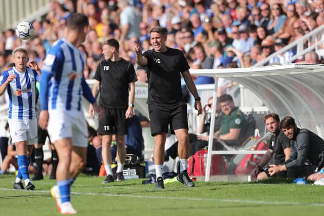 Hartlepool United manager Dave Challinor  during the Sky Bet League 2 match between Hartlepool United and Carlisle United at Victoria Park, Hartlepool on Saturday 28th August 2021. (Credit: Mark Fletcher | MI News)