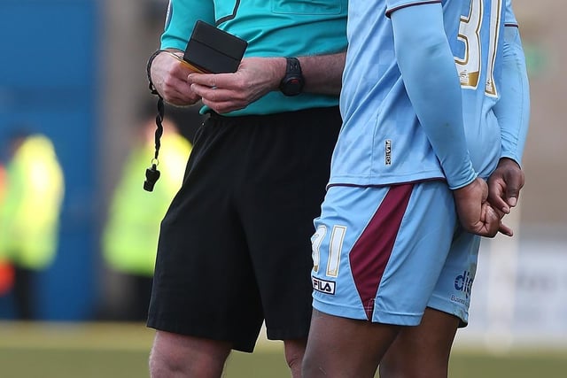 Referee Graham Salisbury takes the name of Jennison Myrie-Williams of Tranmere Rovers. One of 83 yellows for Rovers, who also had six red cards.