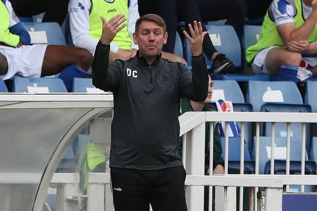 Hartlepool United manager Dave Challinor  during the Sky Bet League 2 match between Hartlepool United and Exeter City at Victoria Park, Hartlepool on Saturday 25th September 2021. (Credit: Mark Fletcher | MI News)
