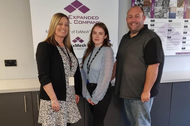 From left, Beverly Thornton, Hartlepool College of Further Education professional and creative studies' assessor, Tiegan Cranney and The Expanded Metal Company's Mark Proctor, head of UK sales and service.