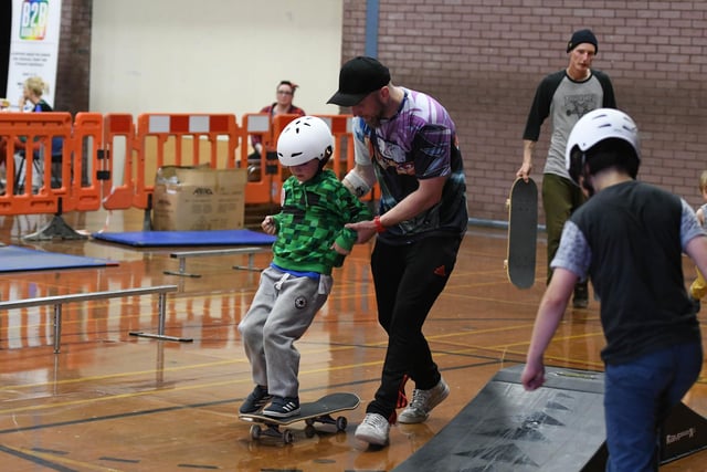 Learning the ropes at a skateboard/BMX event at Rossmere Skate Park, in 2018.