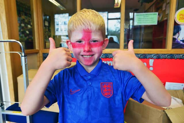 England supporter Saxon Barker at Rossmere Primary School.