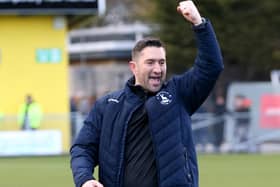 Graeme Lee celebrated another big win on the road for Hartlepool United at Harrogate Town. (Credit: Mark Fletcher | MI News)