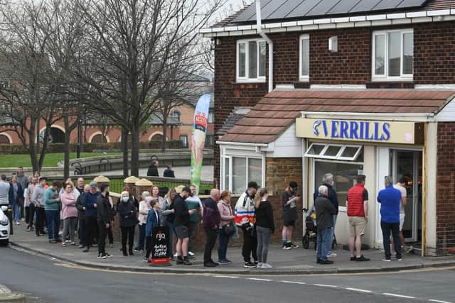 The queue on Good Friday lunchtime outside Verrills on the Headland.