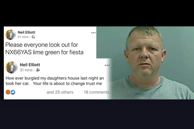 Posts Neil Elliott made on his Facebook page and, inset, a picture of him released by Cleveland Police on his conviction.