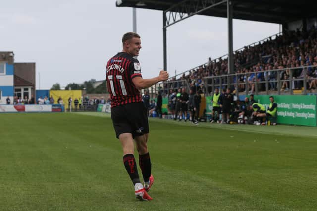 Hartlepool United Will Goodwin celebrates after scoring their second goal during the Sky Bet League 2 match between Barrow and Hartlepool United at Holker Street, Barrow-in-Furness on Saturday 14th August 2021. (Credit: Mark Fletcher | MI News)
