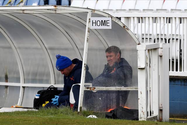 Hartlepool manager, Dave Challinor (r) looks on  during the Vanarama National League match between Hartlepool United and Maidenhead United at Victoria Park, Hartlepool on Saturday 8th May 2021. (Credit: Mark Fletcher | MI News)