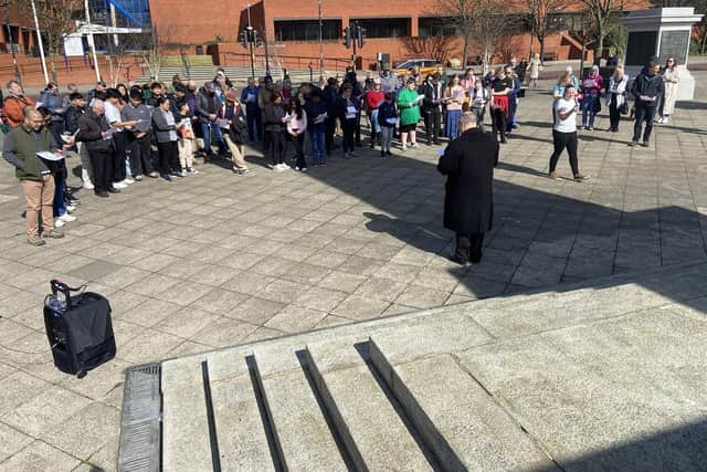 Prayers are said during the Walk of Witness in Hartlepool town centre on Good Friday. Picture by FRANK REID