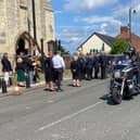 The biker escort arrives at St. Marys Church for the funeral of Stephen Herring./Photo: Frank Reid