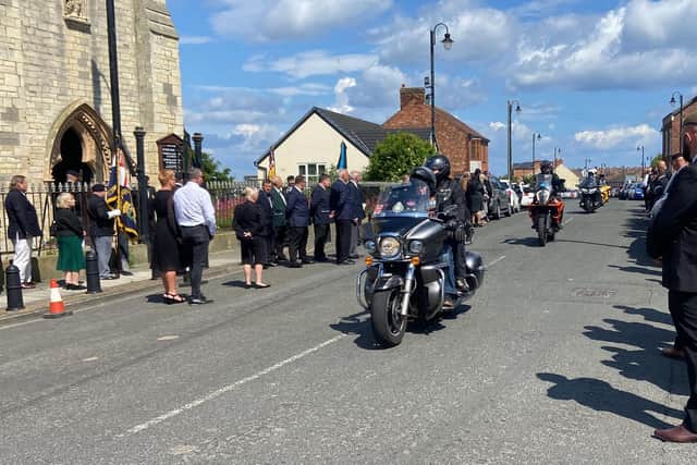 The biker escort arrives at St. Marys Church for the funeral of Stephen Herring./Photo: Frank Reid