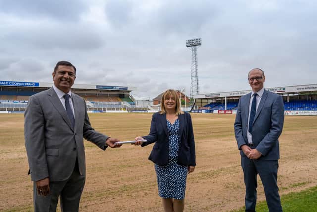 Pools chairman Raj Singh with Hartlepool Borough Council managing director Denise McGuckin and leader Cllr Shane Moore after the memorandum of understanding was agreed in June.