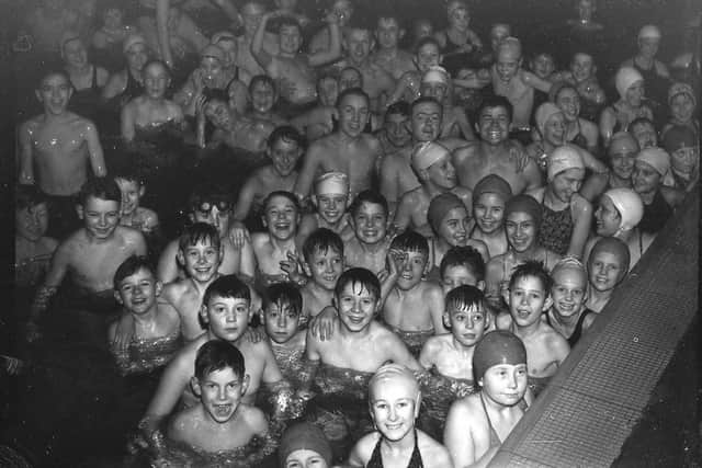 A busy scene at Seaton baths in the 1950s.