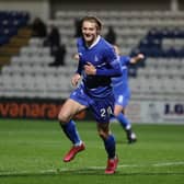 Hartlepool United's Luke Armstrong  celebrates after scoring their first goal during the Vanarama National League match between Hartlepool United and Kings Lynn Town at Victoria Park, Hartlepool on Tuesday 8th December 2020. (Credit: Mark Fletcher | MI News)