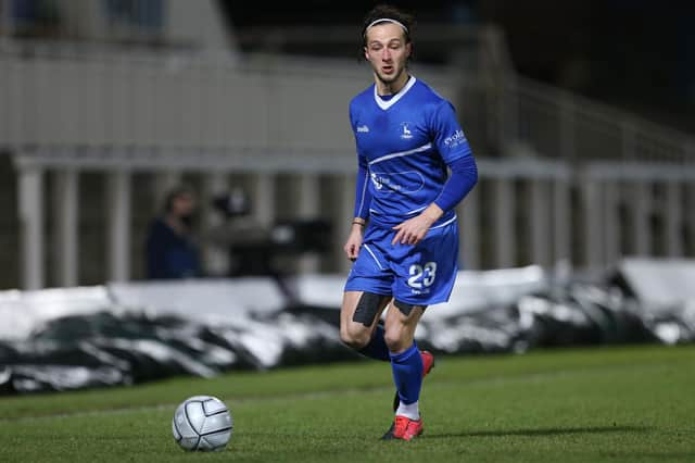 Jamie Sterry of Hartlepool United  during the Vanarama National League match between Hartlepool United and Barnet at Victoria Park, Hartlepool on Saturday 27th February 2021. (Credit: Mark Fletcher | MI News)