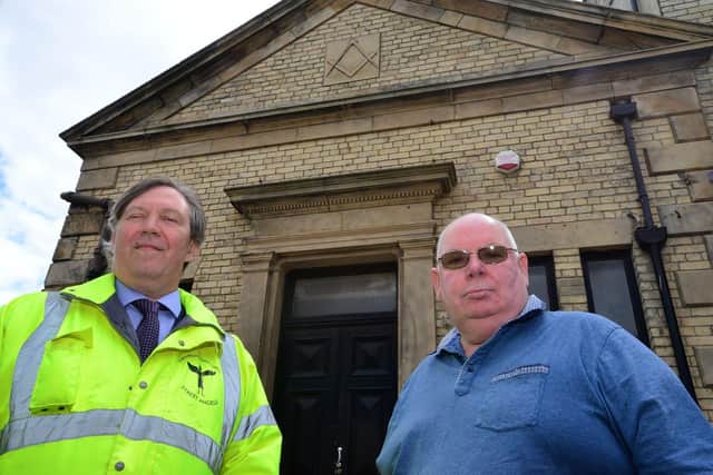 Peter Richardson (right) with Terry Hegarty outside the former Masonic Lodge in Church Square. Picture by FRANK REID