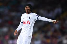 BARCELONA, SPAIN - AUGUST 08: Djed Spence of Tottenham Hotspur gestures during the Joan Gamper Trophy match between FC Barcelona and Tottenham Hotspur at Estadi Olimpic Lluis Companys on August 08, 2023 in Barcelona, Spain. (Photo by Eric Alonso/Getty Images)