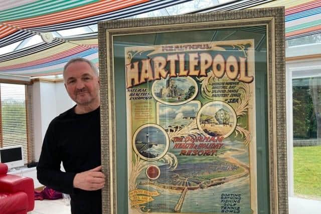 Stephen Close with the second 115-year-old Healthful Hartlepool poster which has sold for £800 in an auction.