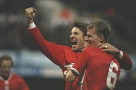 Robbie Mustoe and Paul Merson celebrate a goal during Middlesbrough's FA Cup tie against Queens Park Rangers at Loftus Road in January 1998
