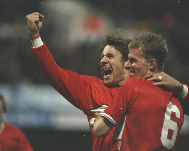 Robbie Mustoe and Paul Merson celebrate a goal during Middlesbrough's FA Cup tie against Queens Park Rangers at Loftus Road in January 1998
