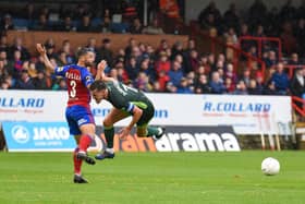 Ryan Donaldson of Hartlepool United is fouled by Lewis Kinsella of Aldershot Town for a penalty during the Vanarama National League match between Aldershot Town and Hartlepool United at the EBB Stadium, Aldershot on Saturday 12th October 2019. (Credit: Paul Paxford | MI News)