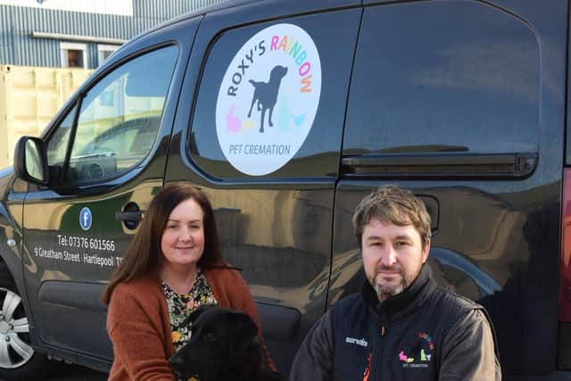Darren Bates and his wife Pamela, with their dog Olive, hwo have set up a pet cremation service, Roxy's Rainbow, based in Greatham Street, Hartlepool.