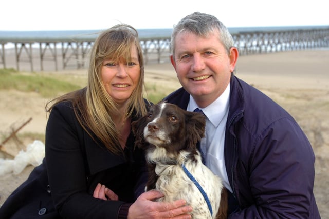 Jazz the springer spaniel jumped off Steetley Pier in 2008 and survived. Here here owners Michael and Lesley Potts give her a big hug.
