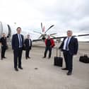 Tees Valley Mayor Ben Houchen (centre) on the runway with North East MPs Peter Gibson, Paul Howell, Jacob Young, Matt Vickers and Dehenna Davison before boarding the inaugural flight to London on July 6.