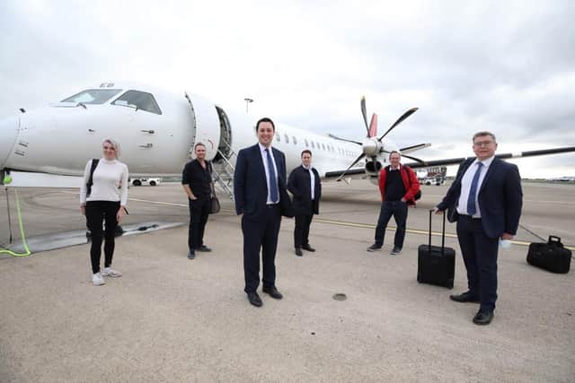 Tees Valley Mayor Ben Houchen (centre) on the runway with North East MPs Peter Gibson, Paul Howell, Jacob Young, Matt Vickers and Dehenna Davison before boarding the inaugural flight to London on July 6.